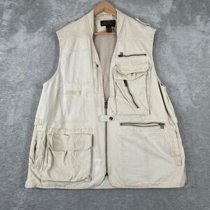 Eddie Bauer Fishing Vest Mens Large Beige Multi Pocket Safari Utility Gorpcore